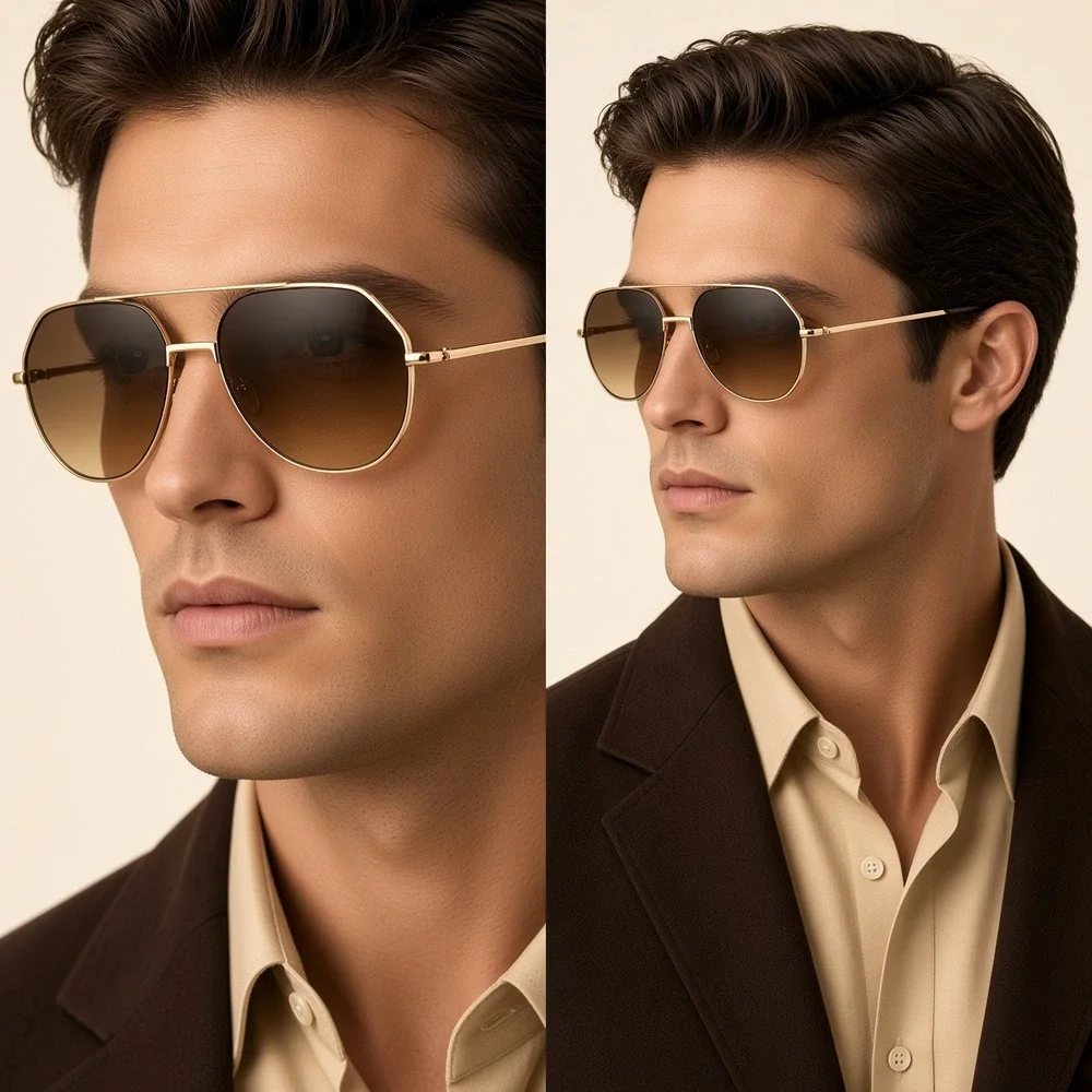 Sunglasses Gold Frame Brown Gradient Lens Fashion‎ Eyewear Pilot Style Flat Lens